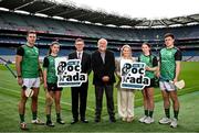 11 July 2024; Ard Stiúrthóir of the GAA Tom Ryan, Event sponsor Martin Donnelly, centre, and Munster camogie Chairperson Christine Ryan with contestants, from left, Fionán Mackessy of Kerry, Anna Kearney of Cork, Ona Kennedy of Kilkenny and Cillian Kiely of Offaly pictured during the Poc Fada launch at Croke Park in Dublin. Photo by David Fitzgerald/Sportsfile