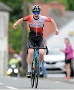 11 July 2024; Michael Collins of Skoda Munster team celebrates winning stage three of the 2024 Junior Tour of Ireland at the Burren stage in Clare. Photo by Stephen McMahon/Sportsfile