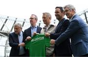 11 July 2024; Newly appointed Republic of Ireland head coach Heimir Hallgrímsson, centre, with, from left, FAI president Paul Cooke, FAI interim chief executive David Courell, FAI director of football Marc Canham, and FAI Independent chair of the board Tony Keohane before a media conference at the Aviva Stadium in Dublin. Photo by Shauna Clinton/Sportsfile