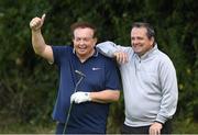 11 July 2024; RTÉ commentator Marty Morrissey, left, and Waterford manager Davy Fitzgerald on the 11th green during the All Ireland preview and golf day event in aid of the Friends of the Coombe Fundraiser at the K Club in Kildare. Photo by Matt Browne/Sportsfile