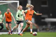 11 July 2024; Jessie Stapleton and Amber Barrett, left, during a Republic of Ireland women's training session at Carrow Road in Norwich, England. Photo by Stephen McCarthy/Sportsfile