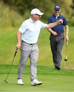 11 July 2024; Former Dublin player and manager Jim Gavin celebrates his birdie putt on the 4th green during the All Ireland preview and golf day event in aid of the Friends of the Coombe Fundraiser at the K Club in Kildare. Photo by Matt Browne/Sportsfile