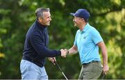 11 July 2024; Former Dublin footballer Jason Sherlock, right, and Westmeath manager Dessie Dolan shake hands after their final hole during the All Ireland preview and golf day event in aid of the Friends of the Coombe Fundraiser at the K Club in Kildare. Photo by Matt Browne/Sportsfile