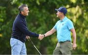 11 July 2024; Former Dublin footballer Jason Sherlock, right, and Westmeath manager Dessie Dolan shake hands after their final hole during the All Ireland preview and golf day event in aid of the Friends of the Coombe Fundraiser at the K Club in Kildare. Photo by Matt Browne/Sportsfile
