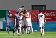 11 July 2024; FCB Magpies players celebrate after Francisco Zuniga, hidden, scored their side's second goal during the UEFA Champions League First Qualifying Round First Leg match between FCB Magpies and Derry City at Europa Point Stadium in Gibraltar. Photo by Marcos Moreno/Sportsfile