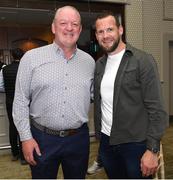 11 July 2024; Former Ireland and Munster rugby player Mick Galwey, left, with former Kilkenny hurler Jackie Tyrrell during the All Ireland preview and golf event in aid of the Friends of the Coombe Fundraiser at the K Club in Kildare. Photo by Matt Browne/Sportsfile