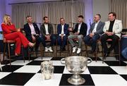 11 July 2024; Former Cork hurler Dónal Óg Cusack with, from left, RTE presenter Jacqui Hurley, Limerick selector TJ Ryan, former Kilkenny hurler Jackie Tyrrell, former Tipperary manager Liam Sheedy and RTÉ commentator Marty Morrissey during the All Ireland preview and golf event in aid of the Friends of the Coombe Fundraiser at the K Club in Kildare. Photo by Matt Browne/Sportsfile