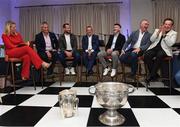 11 July 2024; From left RTE presenter Jacqui Hurley, Limerick selector TJ Ryan, former Kilkenny hurler Jackie Tyrrell, former Waterford manager Davy Fitzgerald, former Cork hurler Dónal Óg Cusack, former Tipperary manager Liam Sheedy and RTÉ commentator Marty Morrissey during the All Ireland preview and golf event in aid of the Friends of the Coombe Fundraiser at the K Club in Kildare. Photo by Matt Browne/Sportsfile