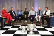 11 July 2024; Former Ireland, Munster and Kerry player Mick Galwey with from left RTE presenter Jacqui Hurley, former Kerry player Tomás Ó Sé, former Tyrone player Peter Canavan, former Dublin footballer Lindsay Peet, former Dublin manager Jim Gavin and RTÉ commentator Marty Morrissey during the All Ireland preview and golf event in aid of the Friends of the Coombe Fundraiser at the K Club in Kildare. Photo by Matt Browne/Sportsfile