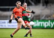7 July 2024; Aoife McCoy of Armagh in action against Saoirse Lally of Mayo during the TG4 All-Ireland Ladies Football Senior Championship quarter-final match between Armagh and Mayo at the BOX-IT Athletic Grounds in Armagh. Photo by Piaras Ó Mídheach/Sportsfile