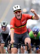 12 July 2024; Nick Makin of Mid Devon RC celebrates winning stage four of the 2024 Junior Tour of Ireland at the Cliffs of Moher stage in Clare. Photo by Stephen McMahon/Sportsfile