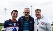 12 July 2024; New York assistant manager Michael Healy, right, Iar-Uachtarán Chumann Lúthchleas Gael Larry McCarthy, centre, and Danny Corridan of New York after the GAA Football All-Ireland Junior Championship semi-final match between New York and Warwickshire at the GAA National Centre of Excellence in Abbotstown, Dublin. Photo by Shauna Clinton/Sportsfile