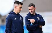 12 July 2024; Waterford players Pádraig Amond, right, and Darragh Leahy before the SSE Airtricity Men's Premier Division match between Galway United and Waterford at Eamonn Deacy Park in Galway. Photo by Piaras Ó Mídheach/Sportsfile
