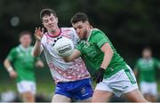 12 July 2024; Alfie McNulty of London is tackled by Seán Gavin of USGAA during the GAA Football All-Ireland Junior Championship semi-final match between USGAA and London at the GAA National Centre of Excellence in Abbotstown, Dublin. Photo by Shauna Clinton/Sportsfile