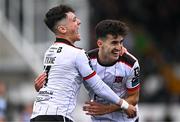 12 July 2024; Jad Hakiki of Dundalk celebrates with teammate Ryan O'Kane, left, after scoring their side's first goal during the SSE Airtricity Men's Premier Division match between Dundalk and Drogheda United at Oriel Park in Dundalk, Louth. Photo by Ben McShane/Sportsfile