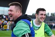 12 July 2024; London manager Stephen Lynch celebrates with Felim Conroy after their side's victory in the GAA Football All-Ireland Junior Championship semi-final match between USGAA and London at the GAA National Centre of Excellence in Abbotstown, Dublin. Photo by Shauna Clinton/Sportsfile