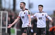 12 July 2024; Robbie Benson, left, and Ryan O'Kane of Dundalk react during the SSE Airtricity Men's Premier Division match between Dundalk and Drogheda United at Oriel Park in Dundalk, Louth. Photo by Ben McShane/Sportsfile
