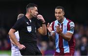 12 July 2024; Douglas James Taylor of Drogheda United remonstrates with referee Rob Hennessy during the SSE Airtricity Men's Premier Division match between Dundalk and Drogheda United at Oriel Park in Dundalk, Louth. Photo by Ben McShane/Sportsfile