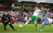 12 July 2024; Josh Fitzpatrick of Cork City in action against Finn Harps goalkeeper Tim-Oliver Hiemer and Darragh Coyle of Finn Harps during the SSE Airtricity Men's First Division match between Cork City and Finn Harps at Turner's Cross in Cork. Photo by Michael P Ryan/Sportsfile