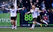 12 July 2024; Daryl Horgan of Dundalk celebrates with teammate Robbie Mahon, right, after scoring their side's fourth goal during the SSE Airtricity Men's Premier Division match between Dundalk and Drogheda United at Oriel Park in Dundalk, Louth. Photo by Ben McShane/Sportsfile