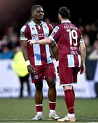 12 July 2024; Frantz Pierrot of Drogheda United, left, in conversation with teammate Ryan Brennan during the SSE Airtricity Men's Premier Division match between Dundalk and Drogheda United at Oriel Park in Dundalk, Louth. Photo by Ben McShane/Sportsfile