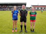 13 July 2024; Referee Anthony Marron, with Cavan captain Emilia Mussi, left, and Mayo captain Emma Higgins before the LGFA All-Ireland U16 A Championship final match between Cavan and Mayo at Duggan Park in Ballinasloe, Galway. Photo by Michael P Ryan/Sportsfile