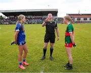 13 July 2024; Referee Anthony Marron performs the coin toss, with Cavan captain Emilia Mussi, left, and Mayo captain Emma Higgins before the LGFA All-Ireland U16 A Championship final match between Cavan and Mayo at Duggan Park in Ballinasloe, Galway. Photo by Michael P Ryan/Sportsfile