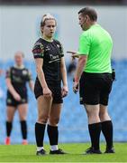 13 July 2024; Referee David Dunne speaks to Katie Lawlee of Treaty United during the SSE Airtricity Women's Premier Division match between DLR Waves and Treaty United at UCD Bowl in Belfield, Dublin. Photo by Thomas Flinkow/Sportsfile