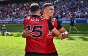 13 July 2024; Down players Finn McElroy, right, and Conor McCrickard celebrate after their side's victory in the Tailteann Cup Final match between Down and Laois at Croke Park in Dublin. Photo by Piaras Ó Mídheach/Sportsfile