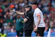 13 July 2024; Armagh manager Kieran McGeeney and selector Kieran Donaghy during the GAA Football All-Ireland Senior Championship semi-final match between Armagh and Kerry at Croke Park in Dublin. Photo by Harry Murphy/Sportsfile