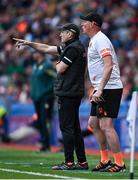 13 July 2024; Armagh manager Kieran McGeeney and selector Kieran Donaghy during the GAA Football All-Ireland Senior Championship semi-final match between Armagh and Kerry at Croke Park in Dublin. Photo by Harry Murphy/Sportsfile