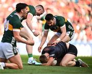 13 July 2024; Jason Foley and Brian Ó Beaglaíoch of Kerry celebrate over Rian O'Neill of Armagh during the GAA Football All-Ireland Senior Championship semi-final match between Armagh and Kerry at Croke Park in Dublin. Photo by Harry Murphy/Sportsfile