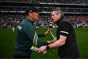 13 July 2024; Kerry manager Jack O'Connor and Armagh manager Kieran McGeeney shake hands after the GAA Football All-Ireland Senior Championship semi-final match between Armagh and Kerry at Croke Park in Dublin. Photo by Harry Murphy/Sportsfile