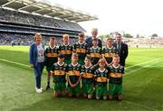 13 July 2024; INTO President Carmel Browne, Uachtarán Chumann Lúthchleas Gael Jarlath Burns, President of Cumann na mBunscol Gary Farrell, with the Kerry team, back row, left to right, Charlie Dunne, St Colmcille's NS, Kells, Meath, Cian Mannion, Coosan NS, Athlone, Westmeath, Harry O'Loghlen, Belgrove Senior Boys NS, Dublin, Bobby Brennan Malone, St Paul's SNS, Drogheda, Louth, Ethan Nicholas, Rampark NS, Dundalk, Louth, front row, left to right, Pádraic Craig, Scoil Mhuire, Mullingar, Westmeath, Fergus Donnelly, Scoil Mhuire, Dungarvan, Waterford, Tadhg O'Farrell, Holycross NS, Tramore, Waterford, Liam O'Connell, St Declan's NS, Ashbourne, Meath, Ísa Ó hAnnáin, Gaelscoil Cholmcille, An Chúlóg, Dublin, ahead of the GAA INTO Cumann na mBunscol Respect Exhibition Go Games at the GAA Football All-Ireland Senior Championship Semi-Final match between Armagh and Kerry at Croke Park in Dublin. Photo by Daire Brennan/Sportsfile