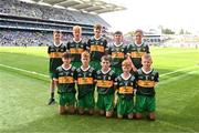 13 July 2024; The Kerry team, back row, left to right, Charlie Dunne, St Colmcille's NS, Kells, Meath, Cian Mannion, Coosan NS, Athlone, Westmeath, Harry O'Loghlen, Belgrove Senior Boys NS, Dublin, Bobby Brennan Malone, St Paul's SNS, Drogheda, Louth, Ethan Nicholas, Rampark NS, Dundalk, Louth, front row, left to right, Pádraic Craig, Scoil Mhuire, Mullingar, Westmeath, Fergus Donnelly, Scoil Mhuire, Dungarvan, Waterford, Tadhg O'Farrell, Holycross NS, Tramore, Waterford, Liam O'Connell, St Declan's NS, Ashbourne, Meath, Ísa Ó hAnnáin, Gaelscoil Cholmcille, An Chúlóg, Dublin, ahead of the GAA INTO Cumann na mBunscol Respect Exhibition Go Games at the GAA Football All-Ireland Senior Championship Semi-Final match between Armagh and Kerry at Croke Park in Dublin. Photo by Daire Brennan/Sportsfile