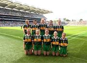 13 July 2024; The Kerry team, back row, left to right, Anna McDonnell, Lisnagry NS, Lisnagry, Limerick, Alicia Susinska, St Finian's NS, Newcastle, Dublin, Leah Kinsella, Scoil Naomh Bríd, Knockananna, Wicklow, Éabha Delahunty, Scoil Bhríde, Newbridge, Kildare, Niamh Ní Churáin, GS Uí Chéadaigh, Bré, Cill Mhantáin, front row, left to right, Summer Keating, St Canice's GNS, Finglas, Dublin, Megan McGrath, Scoil Mhuire, Newtownforbes, Longford, Katie Whitney Cullen, St Colmcille's NS, Longford, Emma O'Donoghue, Scoil Bhríde, Clane, Kildare, Aoife Casey, Kilbehenny NS, Mitchelstown, Cork, ahead of the GAA INTO Cumann na mBunscol Respect Exhibition Go Games at the GAA Football All-Ireland Senior Championship Semi-Final match between Armagh and Kerry at Croke Park in Dublin. Photo by Daire Brennan/Sportsfile