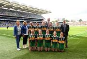 13 July 2024; INTO President Carmel Browne, LGFA Marie Hickey, Uachtarán Chumann Lúthchleas Gael Jarlath Burns, President of Cumann na mBunscol Gary Farrell, with the Kerry team, back row, left to right, Anna McDonnell, Lisnagry NS, Lisnagry, Limerick, Alicia Susinska, St Finian's NS, Newcastle, Dublin, Leah Kinsella, Scoil Naomh Bríd, Knockananna, Wicklow, Éabha Delahunty, Scoil Bhríde, Newbridge, Kildare, Niamh Ní Churáin, GS Uí Chéadaigh, Bré, Cill Mhantáin, front row, left to right, Summer Keating, St Canice's GNS, Finglas, Dublin, Megan McGrath, Scoil Mhuire, Newtownforbes, Longford, Katie Whitney Cullen, St Colmcille's NS, Longford, Emma O'Donoghue, Scoil Bhríde, Clane, Kildare, Aoife Casey, Kilbehenny NS, Mitchelstown, Cork, ahead of the GAA INTO Cumann na mBunscol Respect Exhibition Go Games at the GAA Football All-Ireland Senior Championship Semi-Final match between Armagh and Kerry at Croke Park in Dublin. Photo by Daire Brennan/Sportsfile