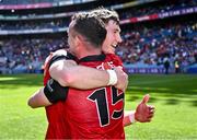 13 July 2024; Down players Ryan McEvoy and Conor McCrickard, 15, celebrate after his side's victory in the Tailteann Cup Final match between Down and Laois at Croke Park in Dublin. Photo by Piaras Ó Mídheach/Sportsfile