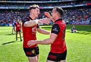 13 July 2024; Down players Ryan McEvoy, left, and Conor McCrickard celebrate after his side's victory in the Tailteann Cup Final match between Down and Laois at Croke Park in Dublin. Photo by Piaras Ó Mídheach/Sportsfile