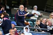 14 July 2024; Former GAA president Larry McCarthy celebrates after his side's victory in during the GAA Football All-Ireland Junior Championship final between London and New York at Croke Park in Dublin. Photo by Piaras Ó Mídheach/Sportsfile