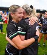 14 July 2024; Brenda Bannon, left, and Molly McGloin of Fermanagh celebrate after the TG4 All-Ireland Junior Championship semi-final match between Fermanagh and Limerick at Glennon Brothers Pearse Park in Longford. Photo by Ben McShane/Sportsfile