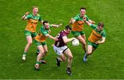 14 July 2024; Cein Darcy of Galway in action against Donegal players, left to right, Oisin Gallen, Aaron Doherty, Jason McGee, and Shane O Donnell during the GAA Football All-Ireland Senior Championship semi-final match between Donegal and Galway at Croke Park in Dublin. Photo by Daire Brennan/Sportsfile