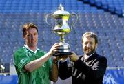 12 August 2004; President of the GAA Sean Kelly and reiging champion Paul Dunne from Louth pictured with the Corn Setanta cup after a press briefing to mark the launch of the 2004 Poc Fada competition. Croke Park, Dublin. Picture credit; Damien Eagers / SPORTSFILE