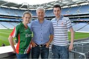 21 September 2013; On the eve of the All-Ireland Football Final Mayo football legend Willie Joe Padden gave a unique tour of Croke Park stadium as part of the Bord Gáis Energy Legends Tour Series. Pictured with Willie are, Mayo supporters Caroline Flynn and Ronan Cassidy, Kilmovee, Co. Mayo. Willie Joe Padden also received a framed photograph and plaque from John Conroy, Sponsorship, Bord Gais Energy, after the tour. This was the final Bord Gáis Energy Legends Tour for 2013 and previous tours included Legends such as Pat Gilroy, Ken McGrath, Tommy Dunne, Jamesie O’Connor and Steven McDonnell. Full details of other Croke Park events are available on www.crokepark.ie/events. Croke Park, Dublin. Picture credit: Brendan Moran / SPORTSFILE