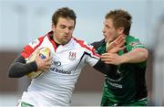 21 September 2013; Jared Payne, Ulster, is tackled by Jason Harris-Wright, Connacht. Celtic League 2013/14, Round 3, Connacht v Ulster, The Sportsground, Galway. Picture credit: Diarmuid Greene / SPORTSFILE