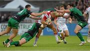 21 September 2013; Luke Marshall, Ulster, is tackled by Robbie Henshaw, left, Sean Henry and Willie Faloon, Connacht. Celtic League 2013/14, Round 3, Connacht v Ulster, The Sportsground, Galway. Picture credit: Diarmuid Greene / SPORTSFILE
