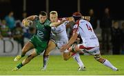 21 September 2013; Robbie Henshaw, Connacht, in action against Luke Marshall and Johann Muller, right, Ulster. Celtic League 2013/14, Round 3, Connacht v Ulster, The Sportsground, Galway. Picture credit: Diarmuid Greene / SPORTSFILE