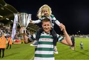 21 September 2013; Jason McGuinness, Shamrock Rovers, celebrates with his 3 year old daughter Abbie after the game. EA Sports Cup Final, Shamrock Rovers v Drogheda United, Tallaght Stadium, Tallaght, Co. Dublin. Photo by Sportsfile