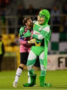 21 September 2013; Shamrock Rovers goalkeeper Barry Murphy celebrates with team mascot 'Hooperman' after the game. EA Sports Cup Final, Shamrock Rovers v Drogheda United, Tallaght Stadium, Tallaght, Co. Dublin. Photo by Sportsfile