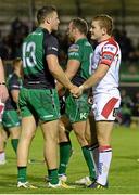 21 September 2013; Robbie Henshaw, Connacht, and Paddy Jackson, Ulster, exchange a handshake after the game. Celtic League 2013/14, Round 3, Connacht v Ulster, The Sportsground, Galway. Picture credit: Diarmuid Greene / SPORTSFILE